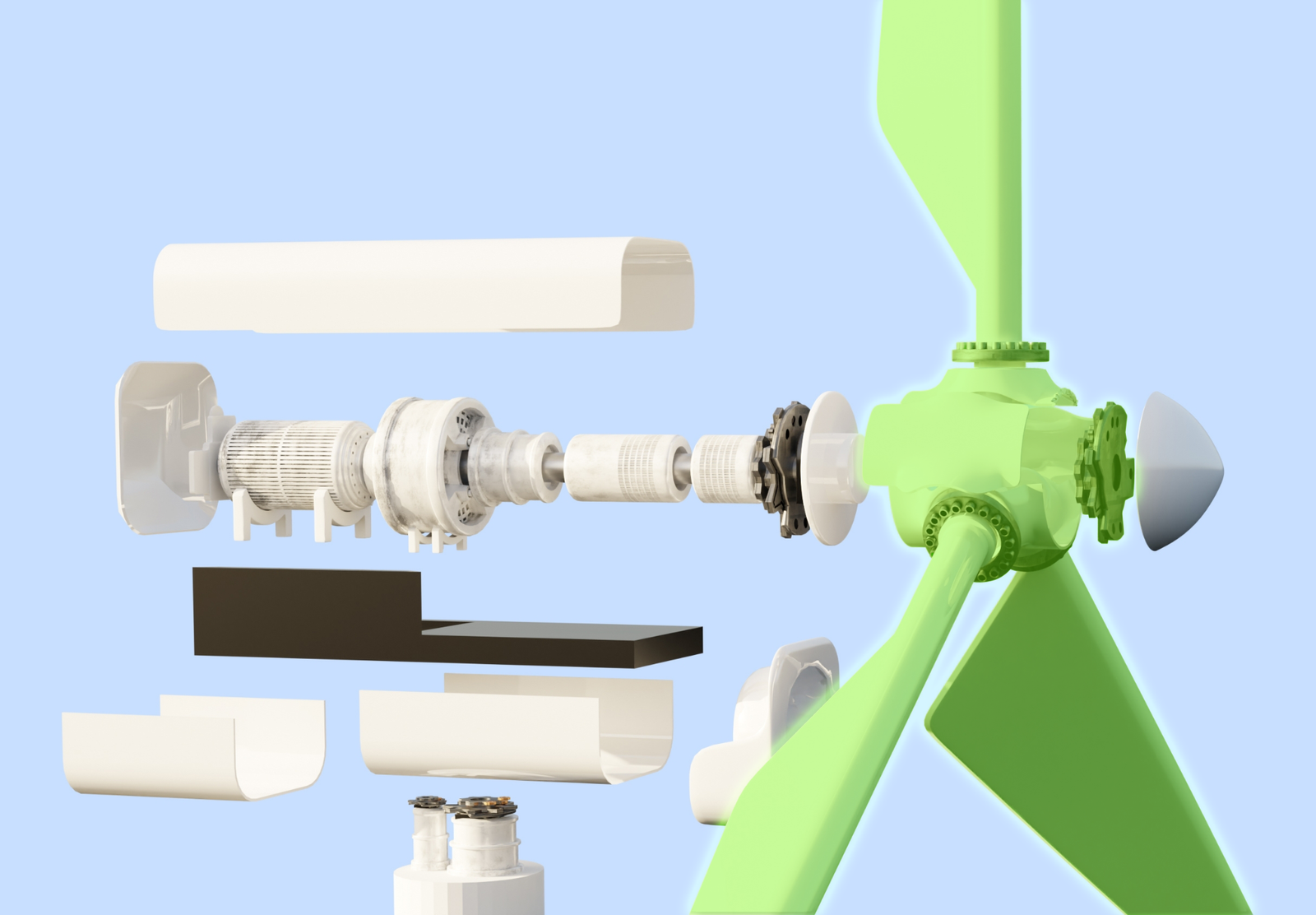 Wind Turbine Components Explode Diagram Highlighting Rotor and Blades